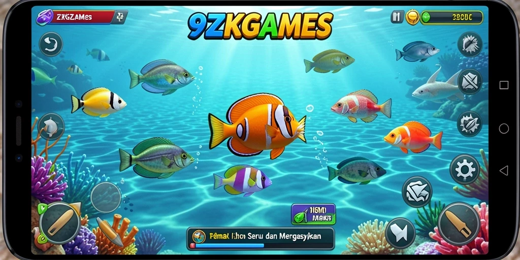 Tampilan gameplay seru dalam 9ZKGAMES saat menembak ikan.
