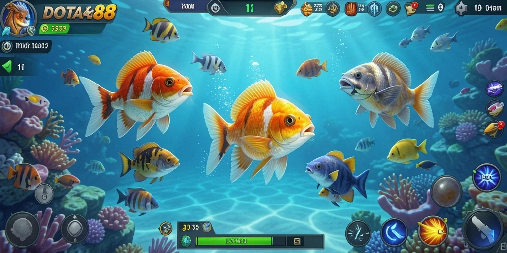 Screenshot gameplay DOTA88 menampilkan aksi seru menembak ikan.