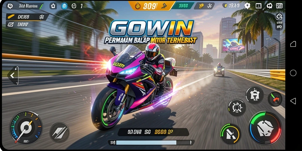 Tampilan gameplay GOWIN yang mendebarkan saat balapan motor.