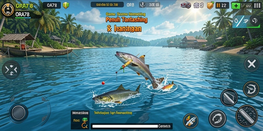 Screenshot gameplay ORA78 dengan aksi memancing yang menarik.