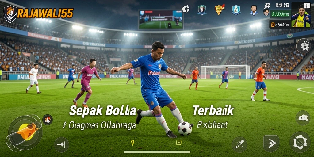 Tampilan gameplay menarik dari RAJAWALI55 dengan aksi sepak bola yang dinamis.
