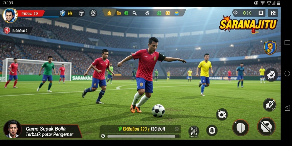 Tangkapan layar SARANAJITU menampilkan aksi seru di lapangan sepak bola.