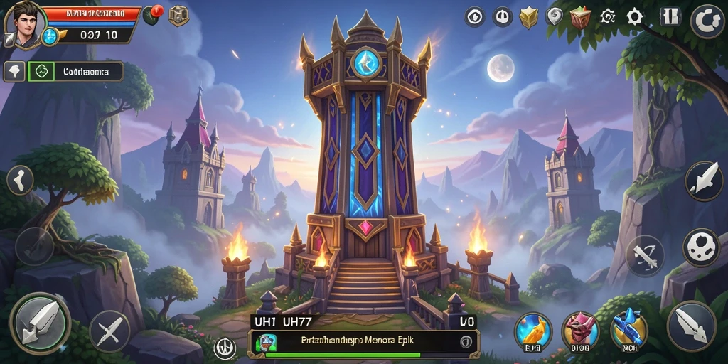 Tampilan menegangkan dari gameplay Tower Defense UH77 dengan menara dan musuh.
